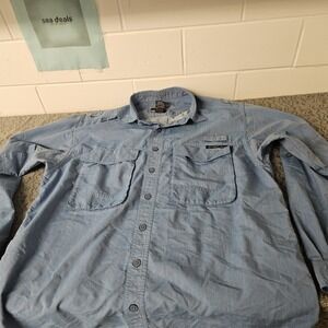 ExOfficio Adventure Button Up Shirt Extra Large Blue Mesh Fish Hiker Performance